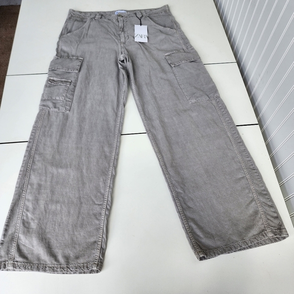 NWT $49 Zara Women Wide-Leg Cargo Pants Gray Chambray Linen Beach Boho 44 US 12 - Picture 1 of 12